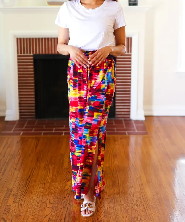 Kaleidoscope Smocked Waist Side Slit Palazzo Pants