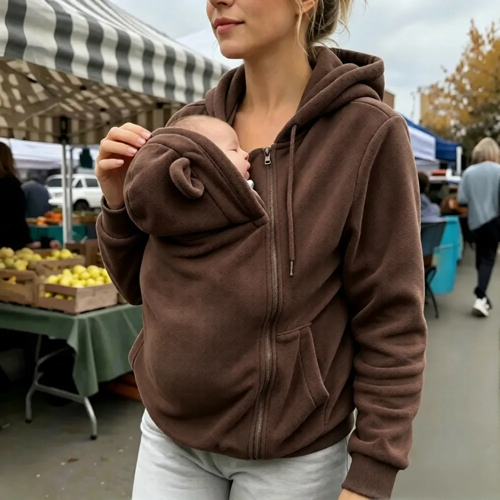 Kangaroo Mom Hoodie Loose Zip-Up Hooded Sweatshirt Mom Babywearing Warm Jacket