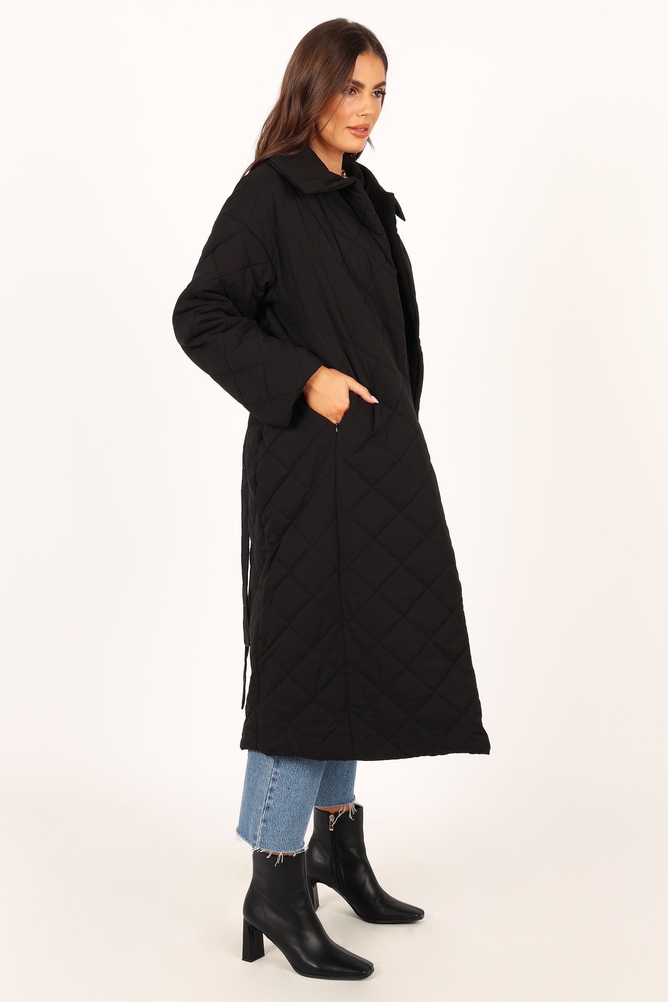 Kallie Quilted Tie Front Coat - Black