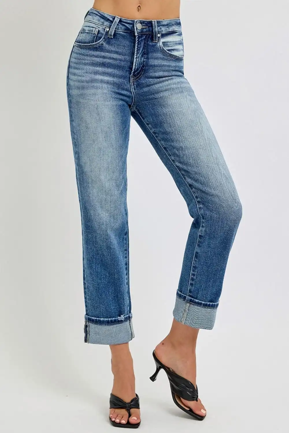 ??GYPSY-RISEN-High Rise Crop Straight Roll Up Jeans