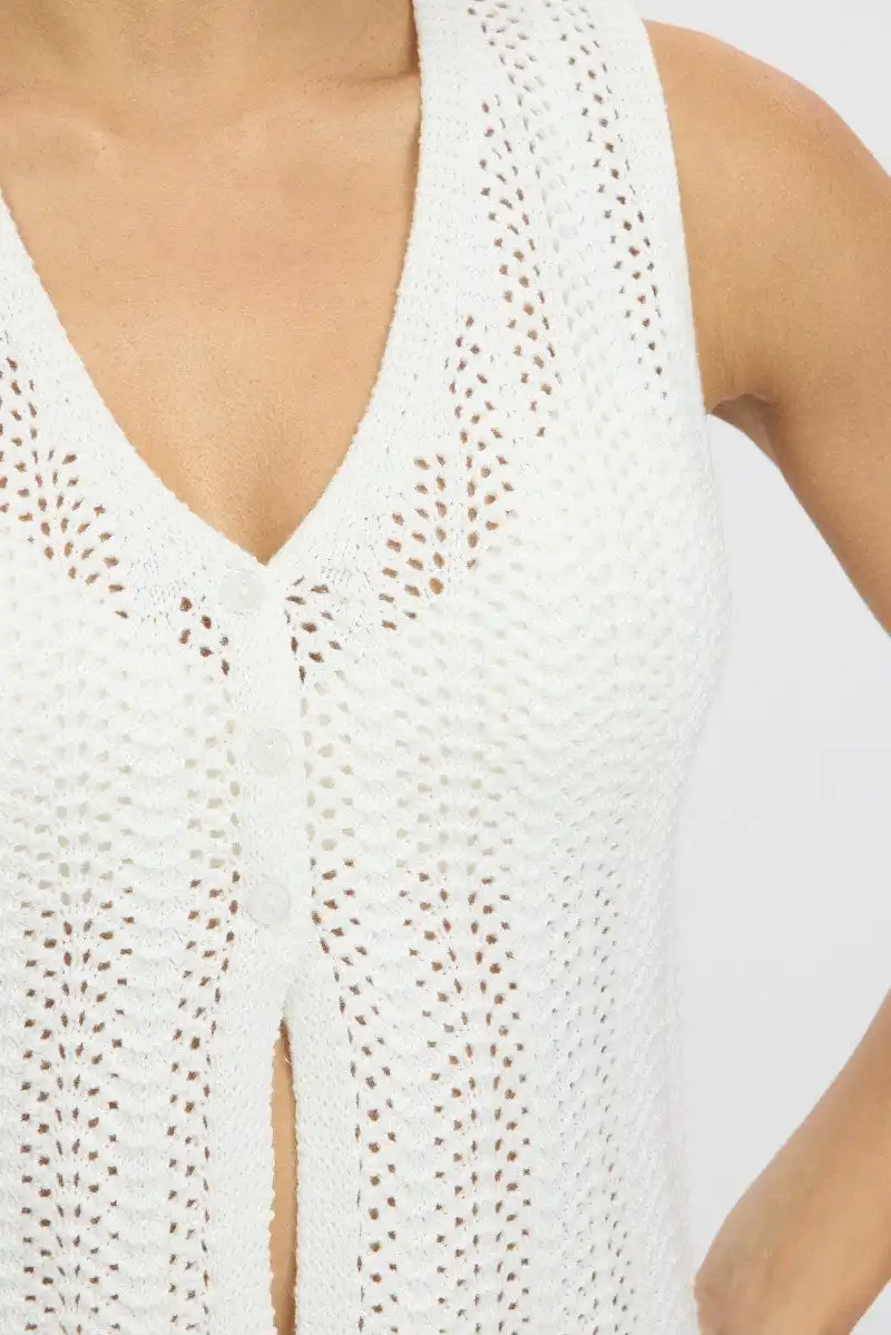 White Crochet Knit Vest V Neck