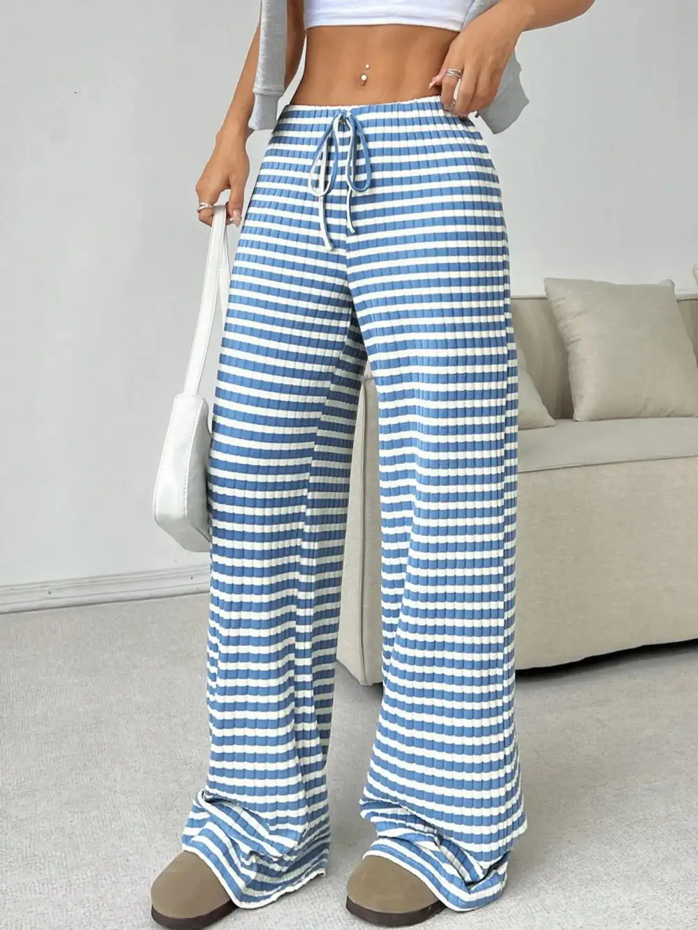 Relaxed Striped Wide Leg Drawstring Pants