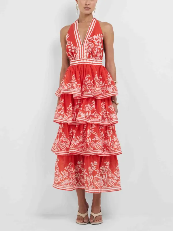 Palm Print Layered Midi Dress