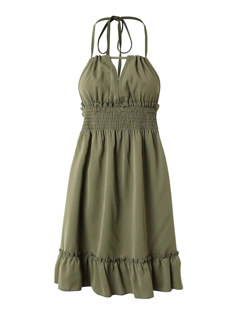 Solid Color Halter Neck Suspender Dress