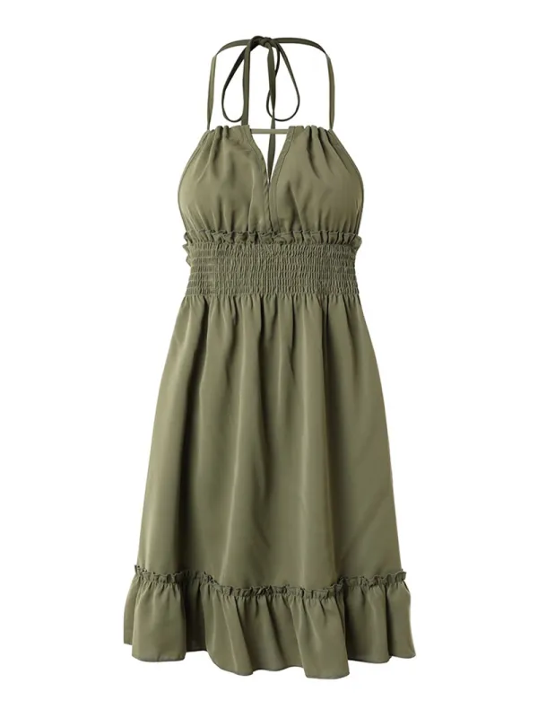 Solid Color Halter Neck Suspender Dress