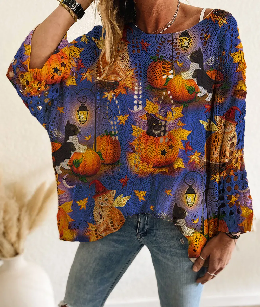 Halloween Long Sleeve with Diamond Cutout Bat Pumpkin Print
