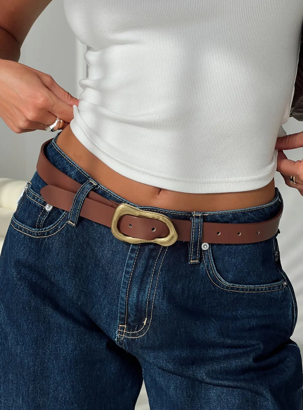 Polished Buckle Faux Leather Belt