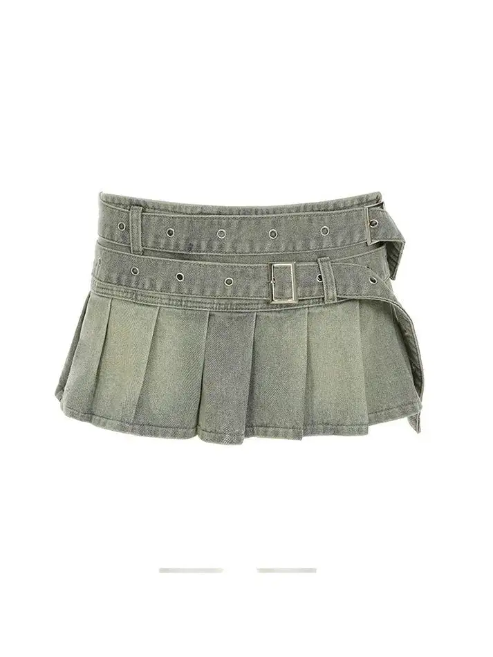 Vintage Low-Waist Pleated Denim Skirt