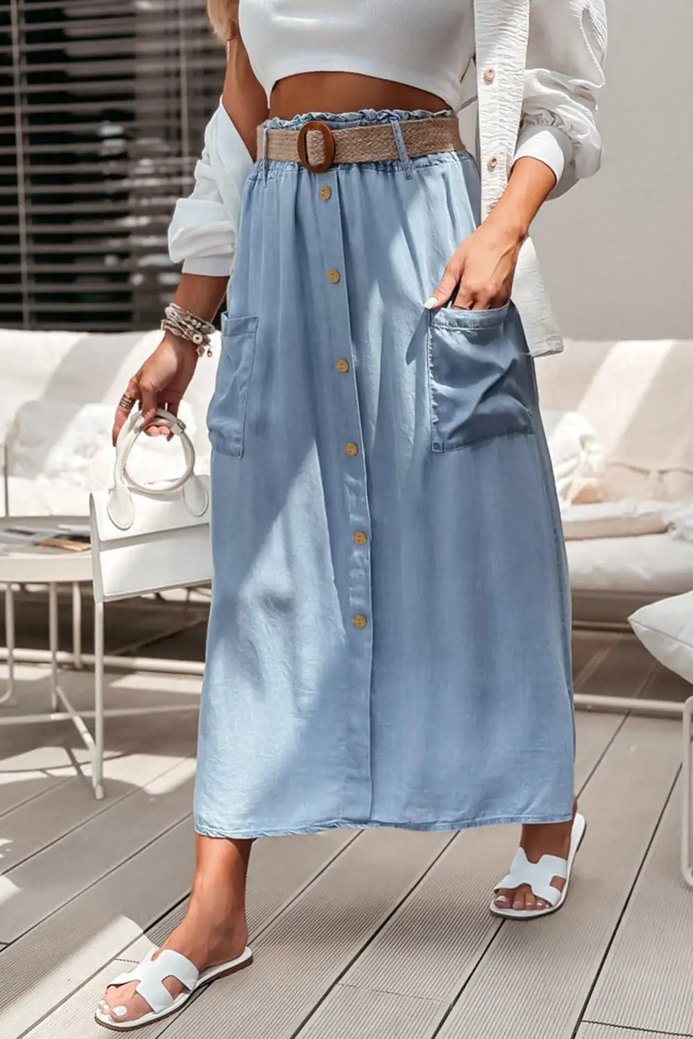 High Waist Button Front Buttoned Maxi Skirt