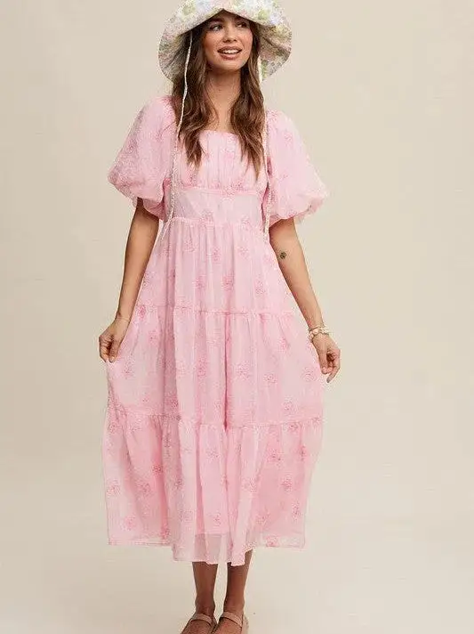 Listen to your Heart Flower Embroidered Puff Sleeve Tiered Maxi Dress