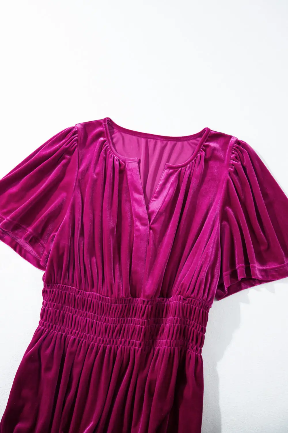 Velvet Short Sleeve Shirred Waist Tiered Maxi Dress