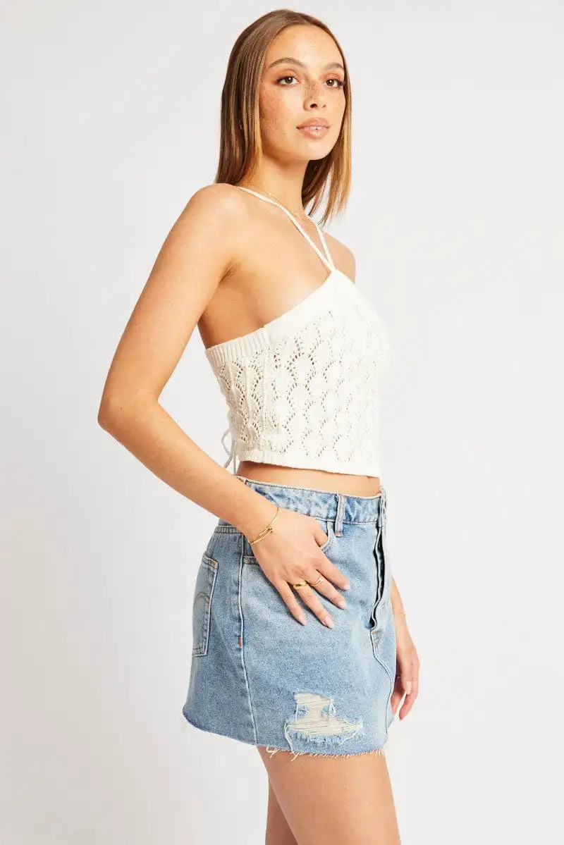 White Halter Neck Knit Top