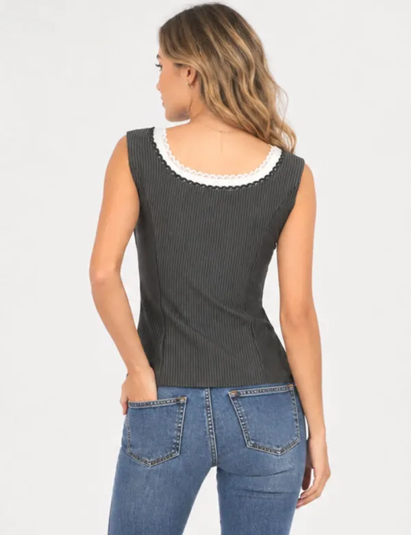 Chic Lace Trim Button Front Sleeveless Tank Top