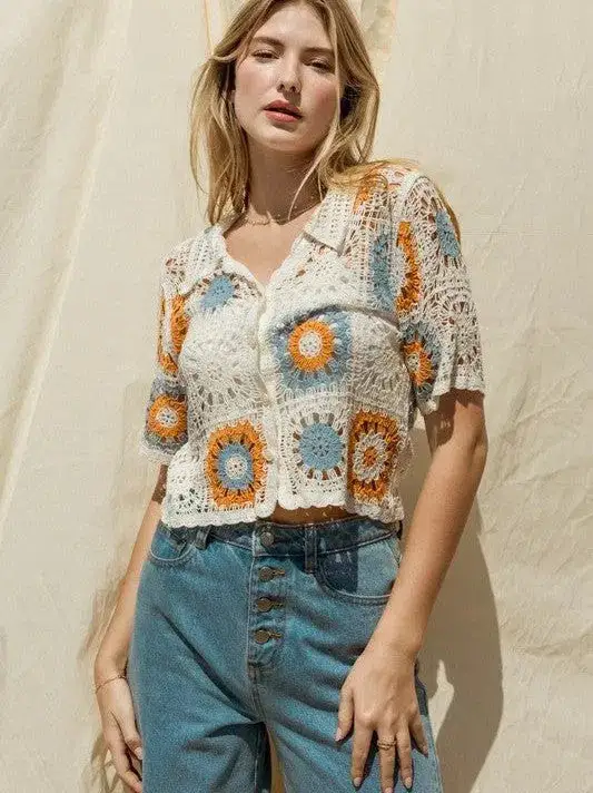 Bohemian Flair Short Sleeve Button Front Crochet Top