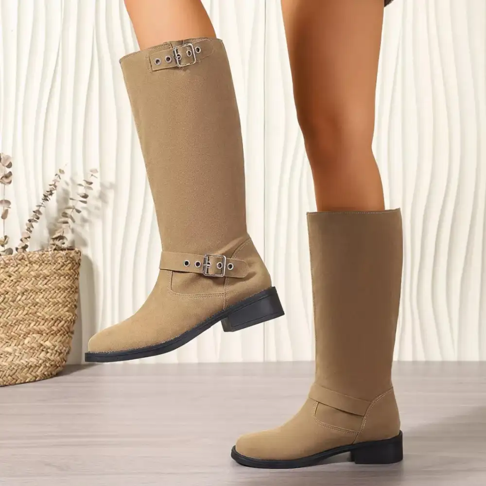 Textured Round Toe Block Heel Boots