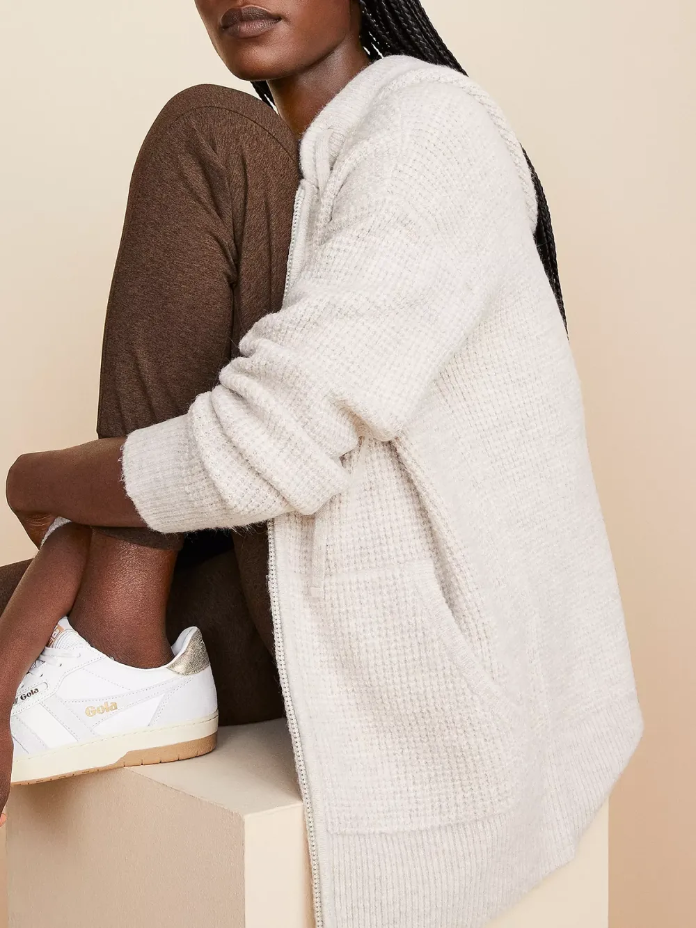 Wafflestitch Zip Hoodie Tunic Sweater