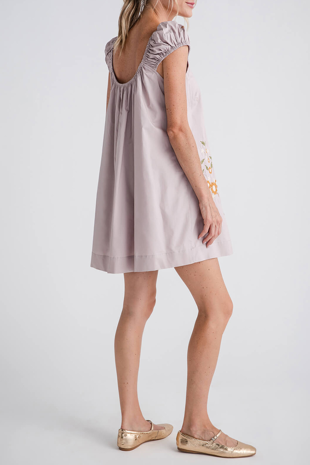 Mable Cap Ruched Sleeve Embroidered Mini Dress - dusty mauve