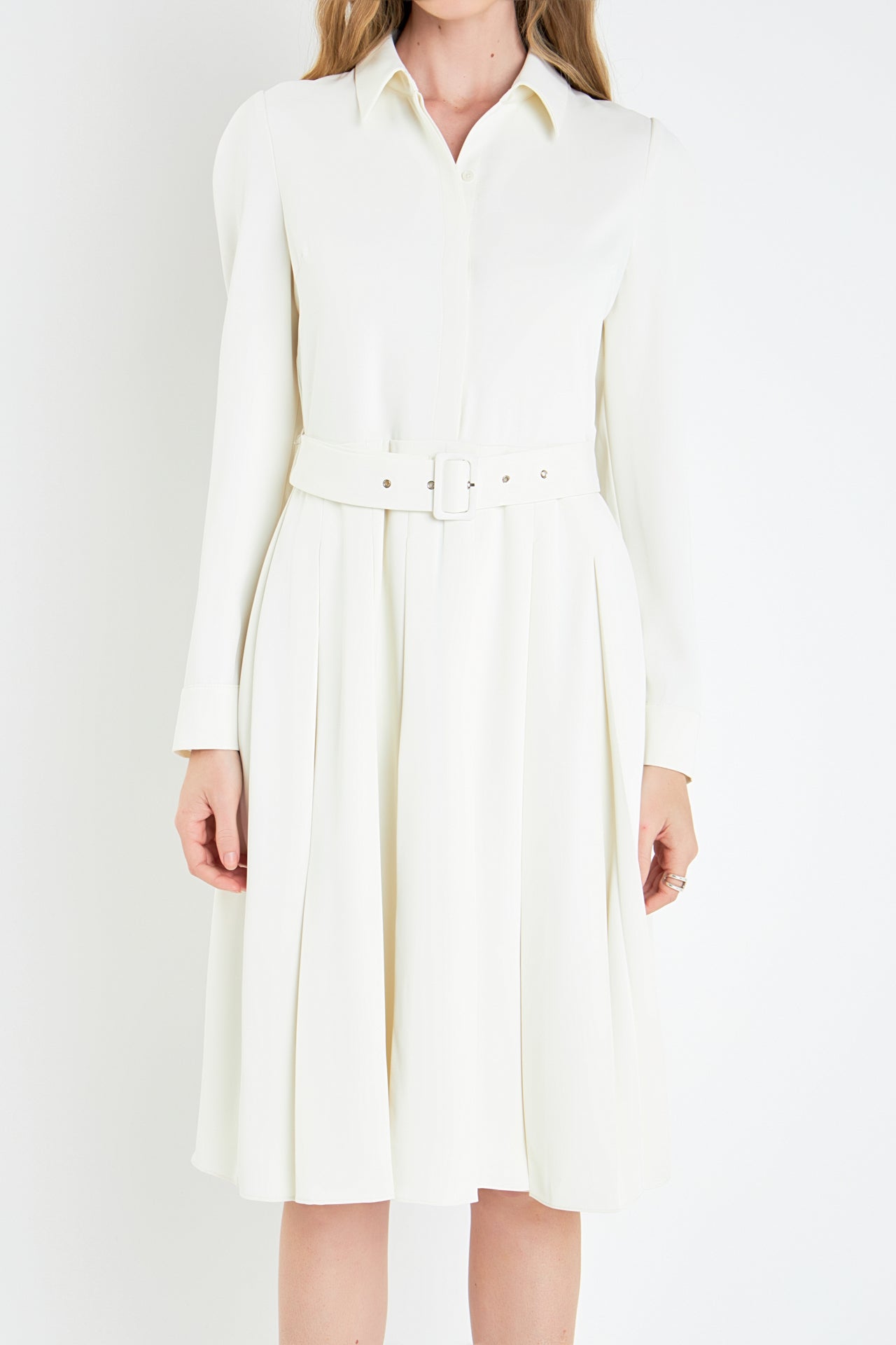 Pleated Collared Long Sleeve Midi Dress