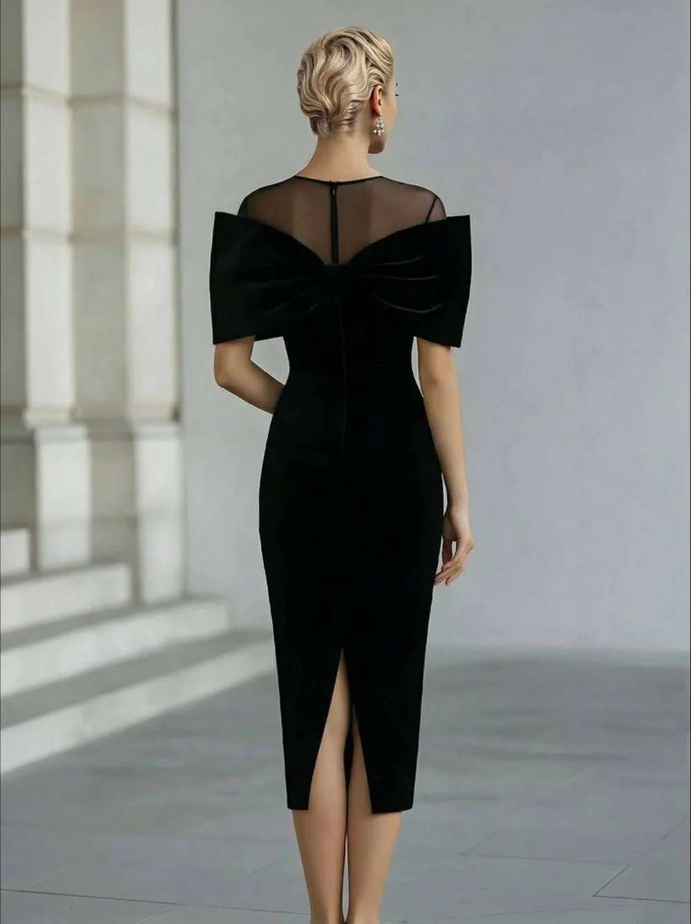 Elegant Bow Detail Sheer Neckline Midi Dress