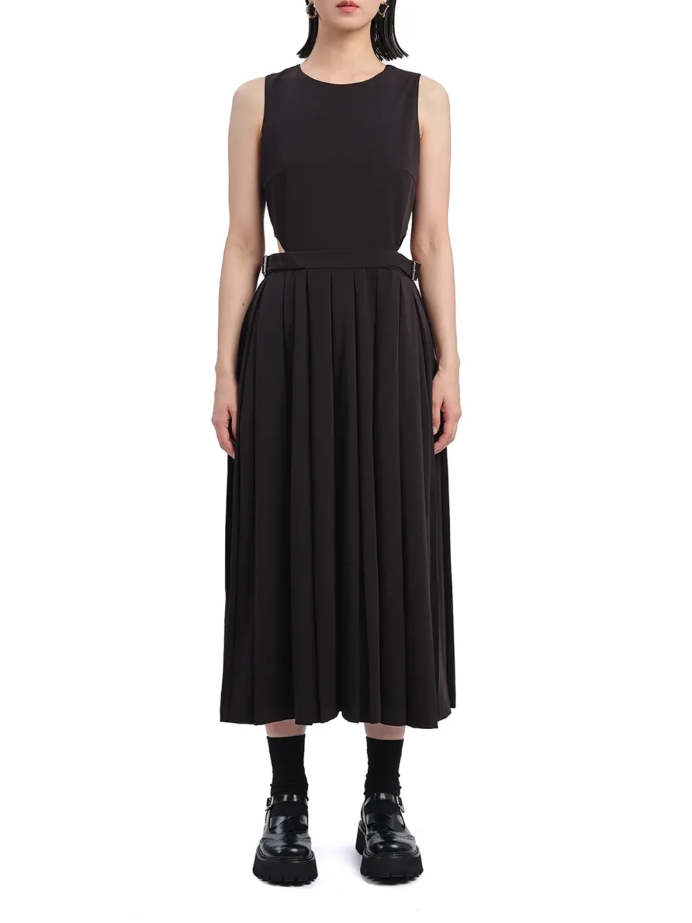 Black Pleated Cut - out Midi Dress