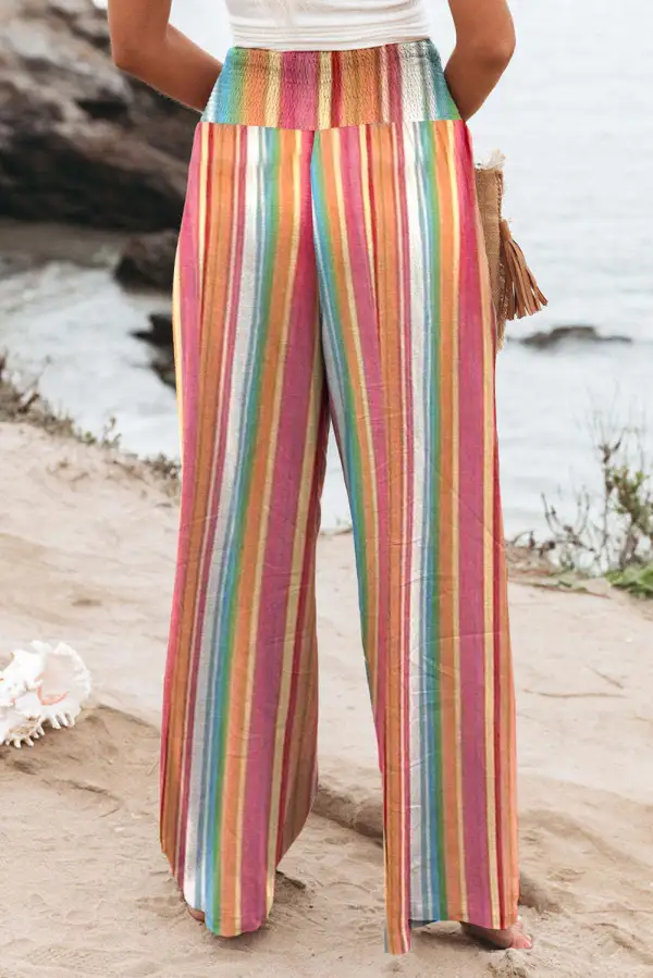 Striped Smocked Waist Pants With Pocket