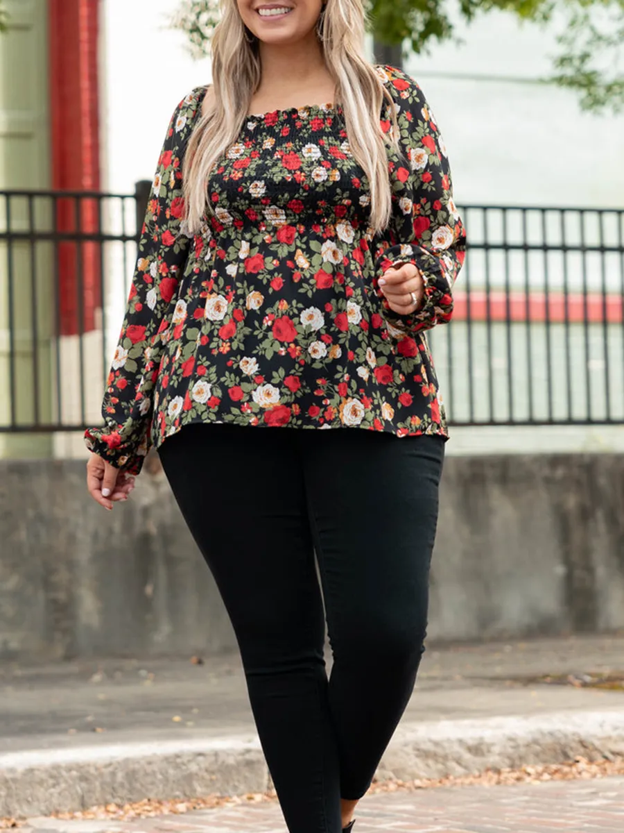 Flower Pattern Pleated Square Neck Lantern Sleeve Shirt