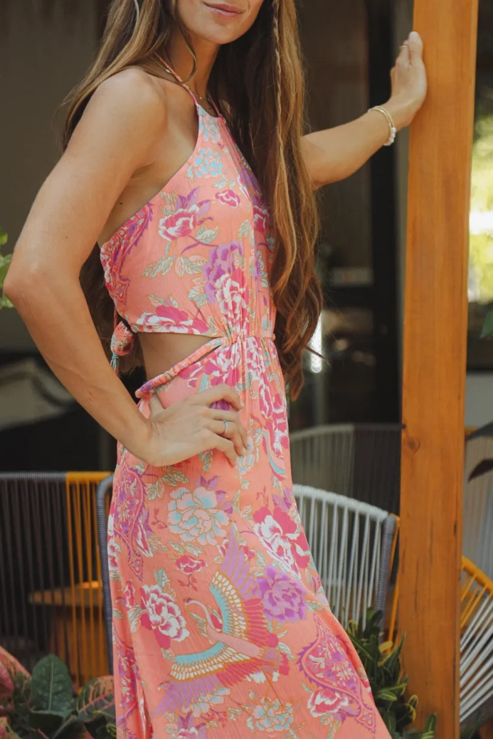 Peach Colored Floral Print Halter Maxi Dress