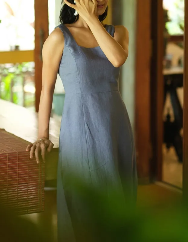 Wildflower Blue Linen Square-Neck Midi Dress