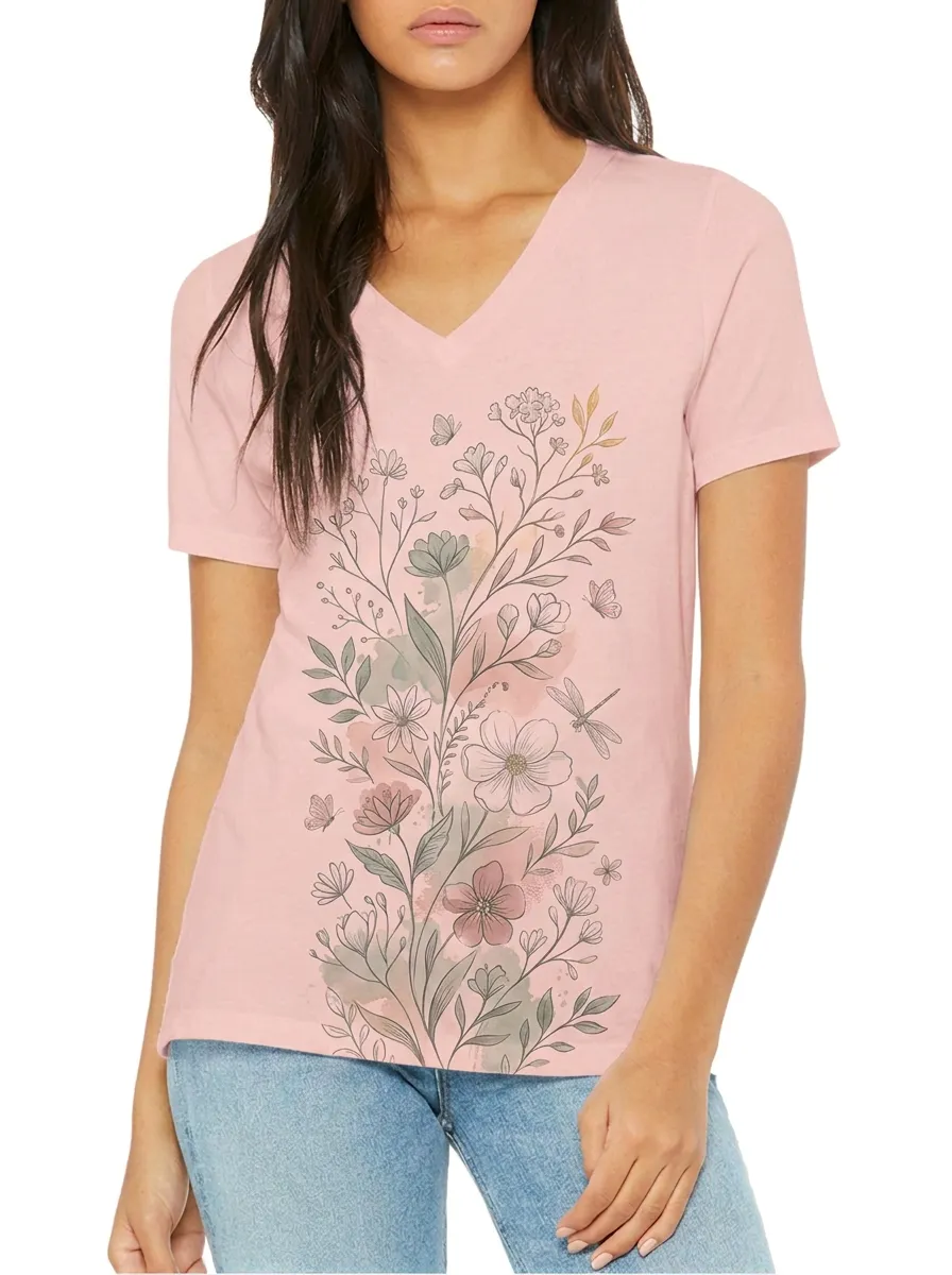 Women's Botanical Wildflower Dragonfly Printed V-neck T-shirt