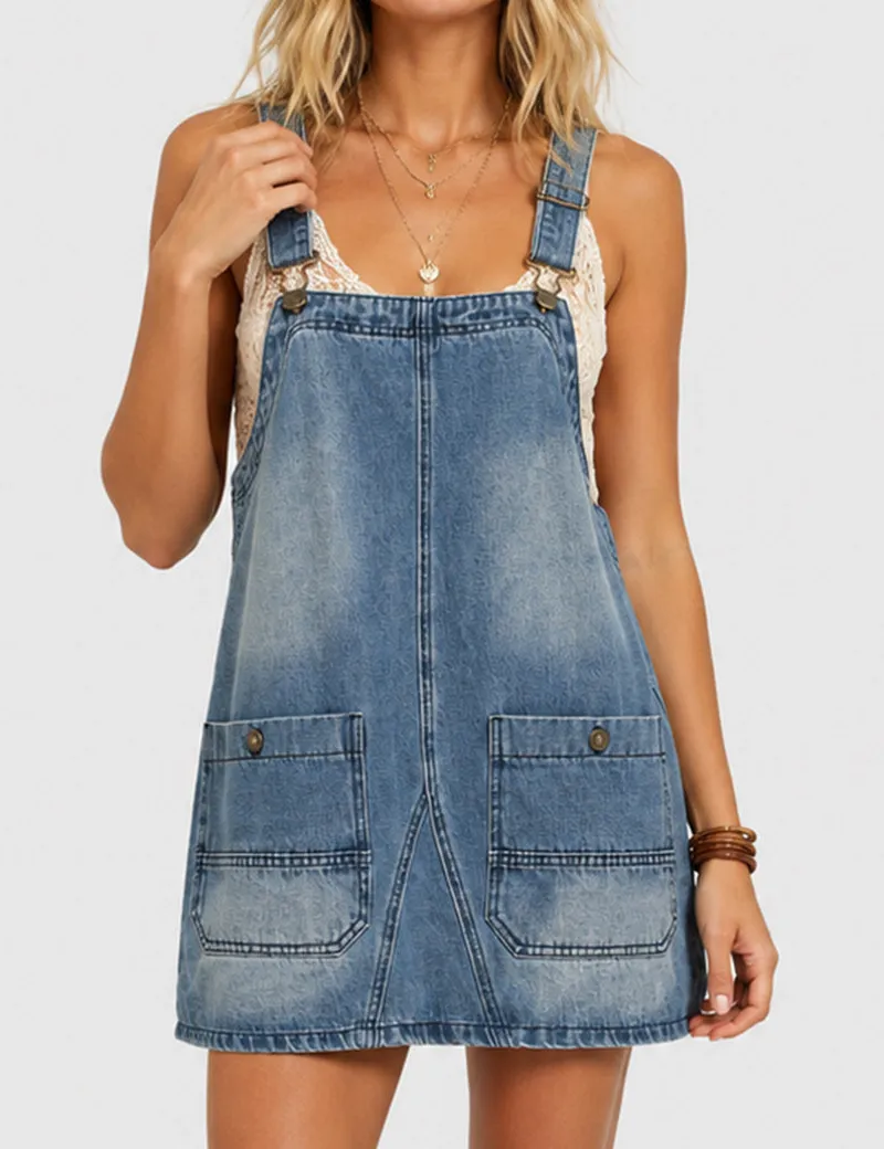 Adjustable Pocket Denim Mini Overall Dress