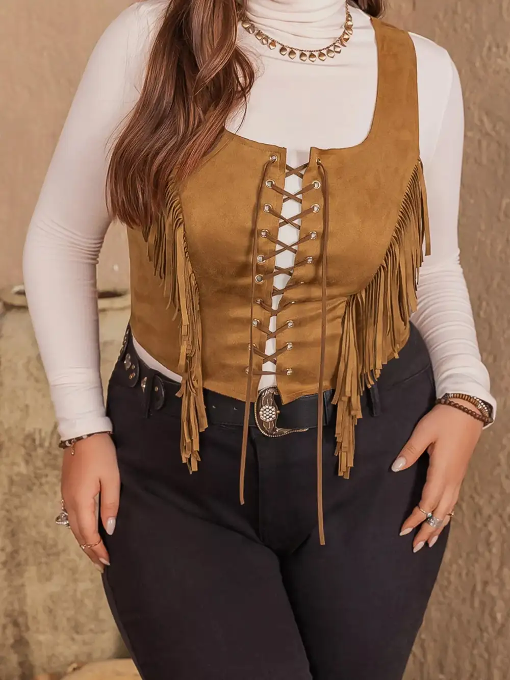 Plus Size Fringed Lace-Up Suede