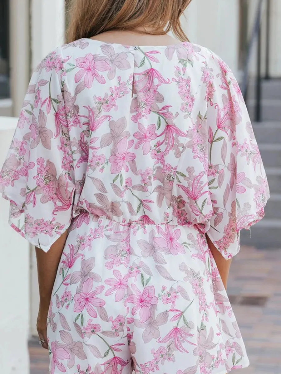 Sexy pink floral waist romper