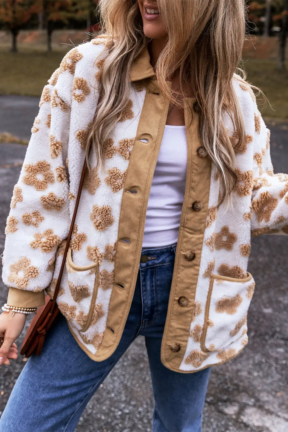 French Cute Flower Pattern Button-Up Fleece Jacket