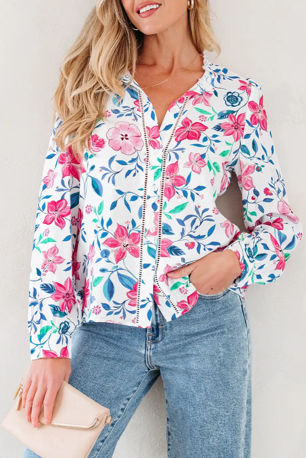 Floral Lace Trim Button Front Shirt Blouse