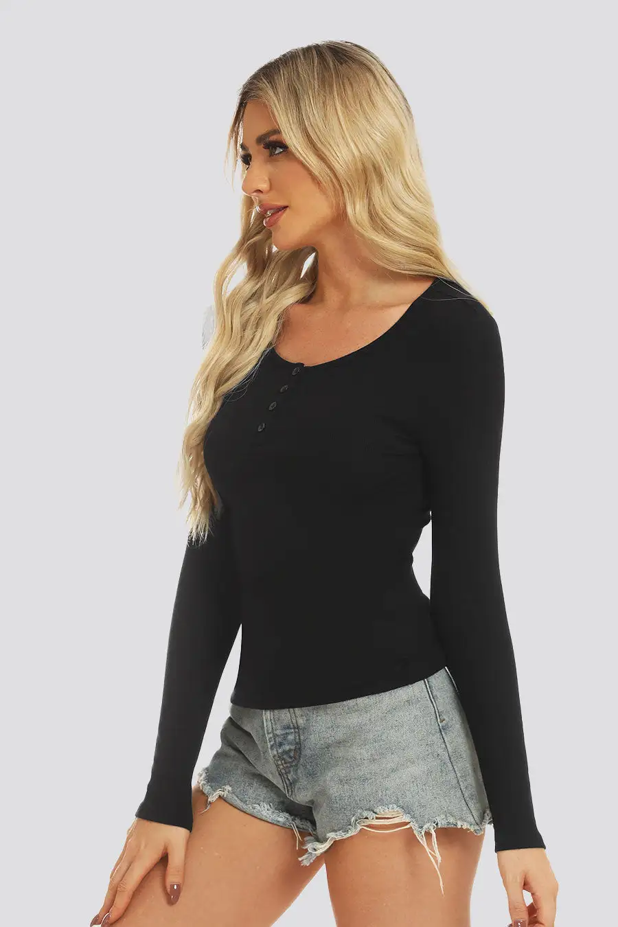 Long-Sleeve Ribbed Knit Henley | Slim Fit Top