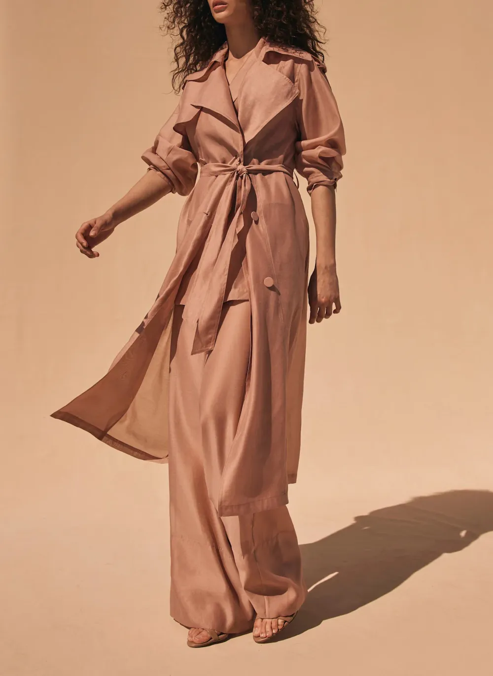 Casual Style Pink Sheer Organza Trench Coat