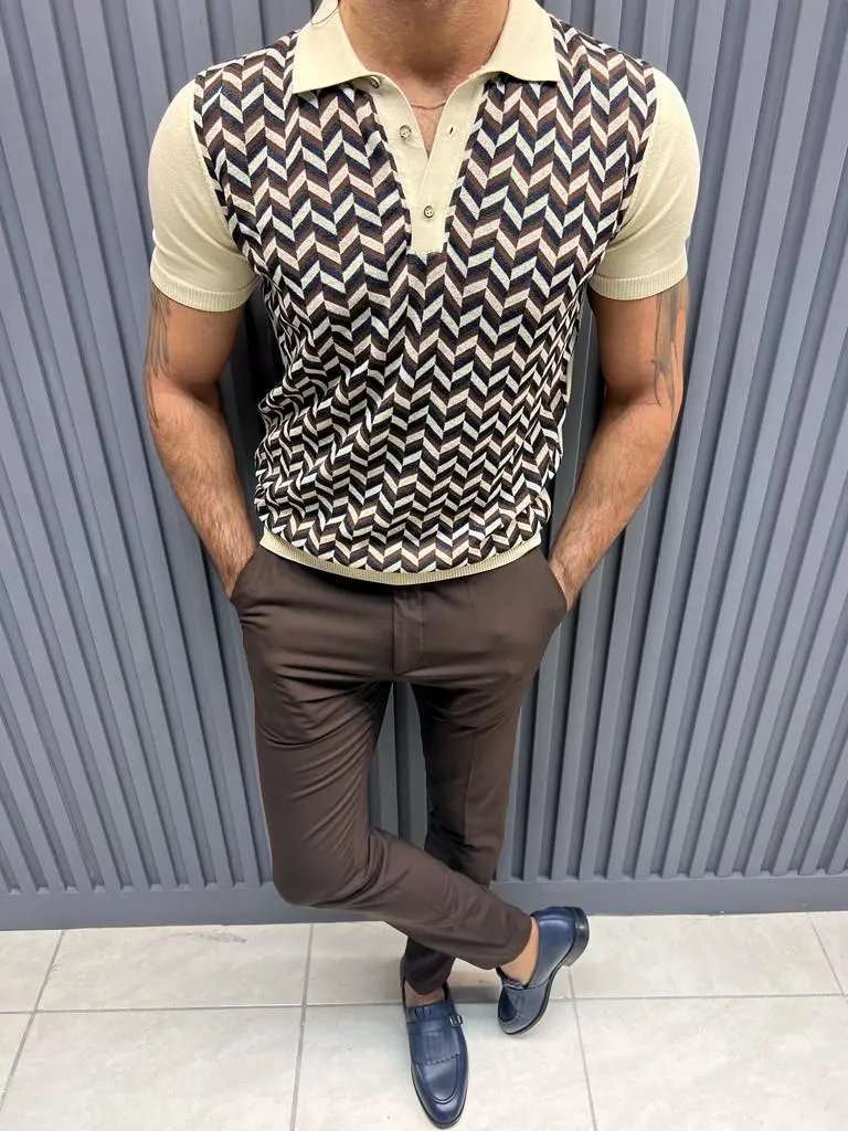 Patterned Knit T-shirt- Beige