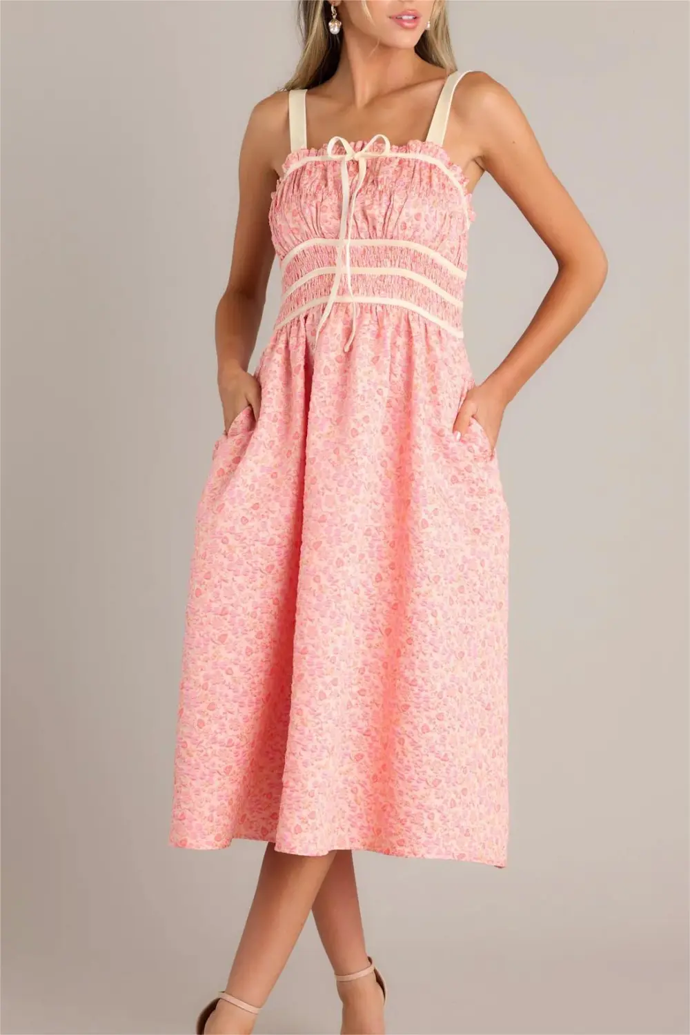 PETAL WALTZ PINK CORAL FLORAL JACQUARD MIDI DRESS