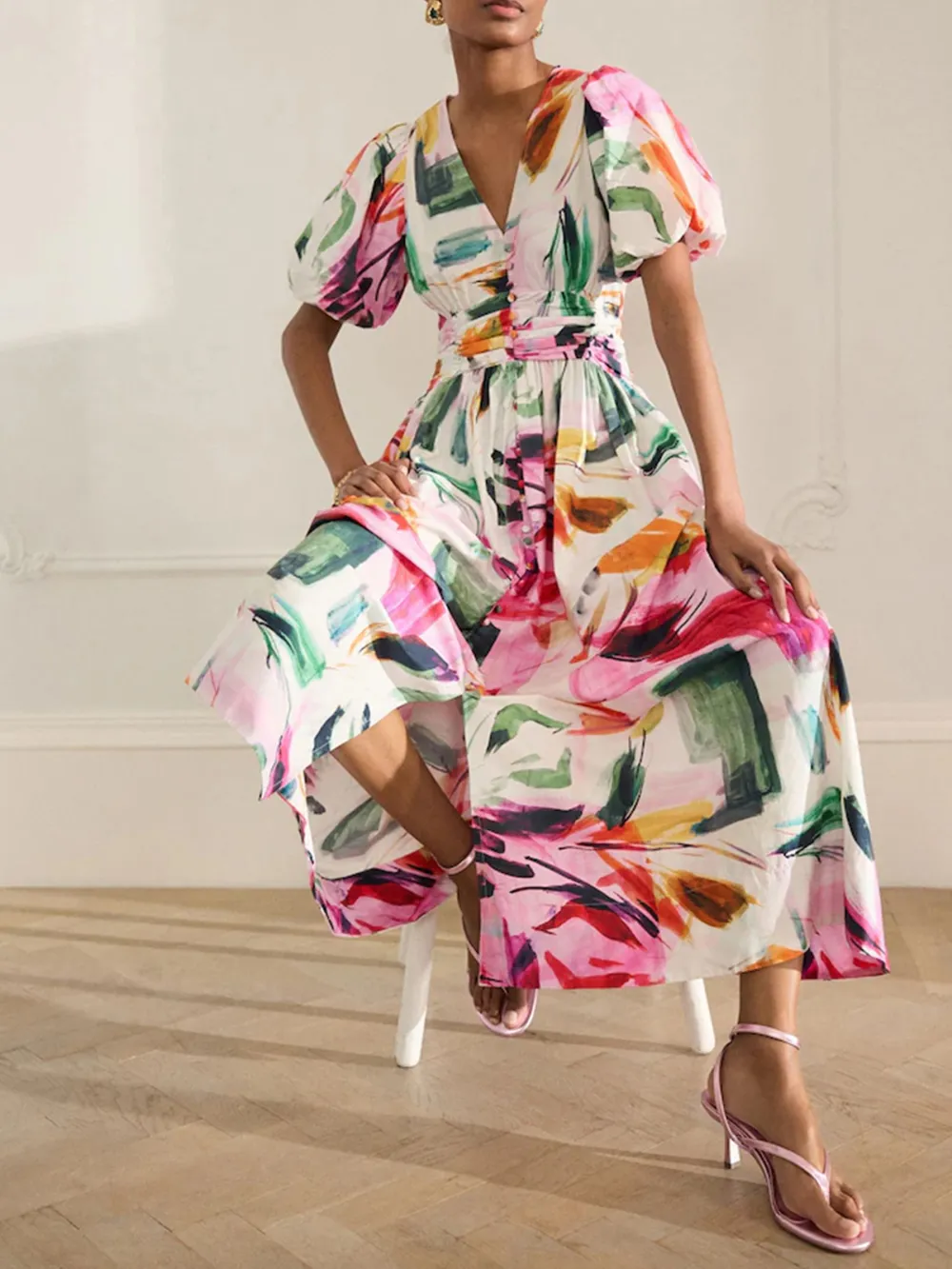 Elegant And Flowing Puff Sleeve Floral Printed Dress