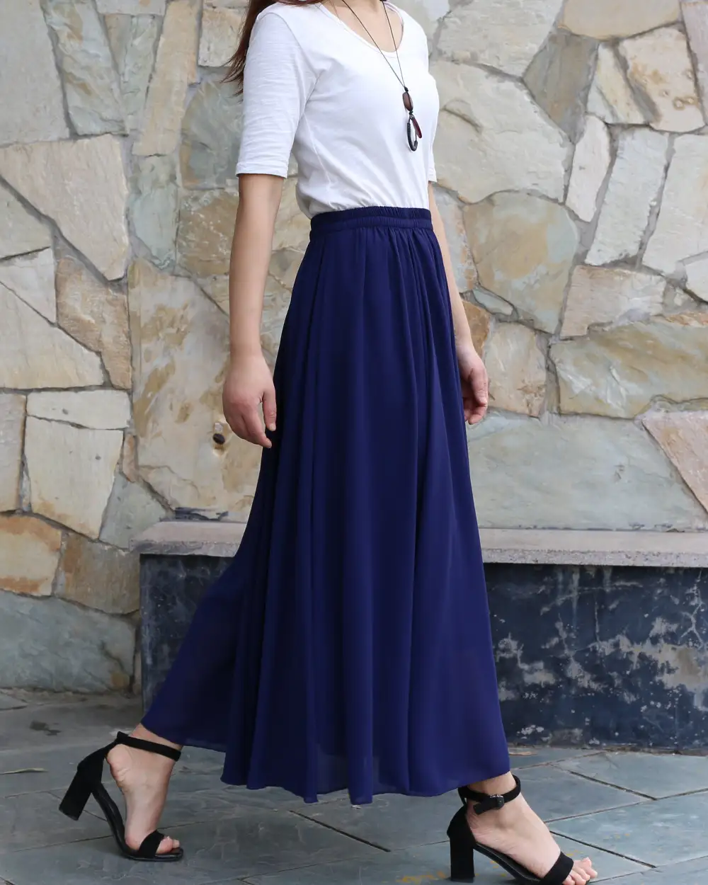 Airy Elastic Waist Chiffon A Line Maxi Skirt