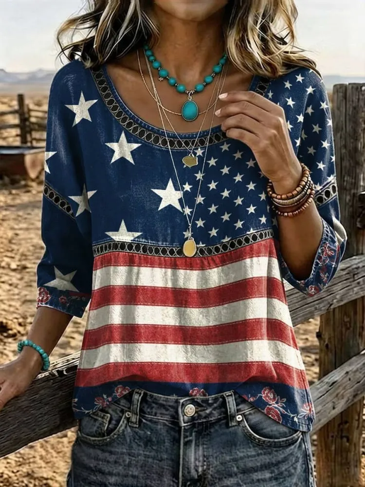 Women's Flag Print Casual Hollow Denim Shirt