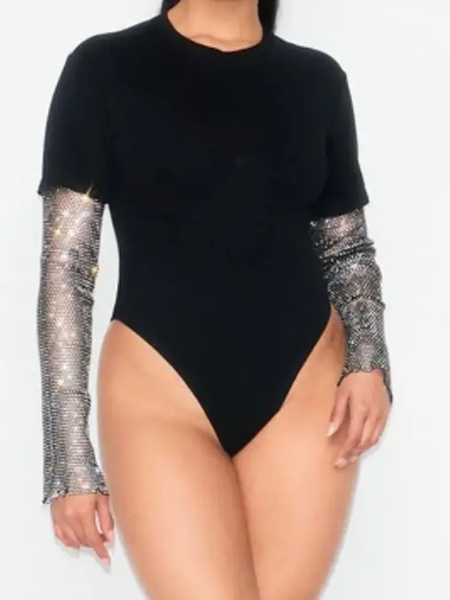 Rhinestone Sleeve Bodysuit Top