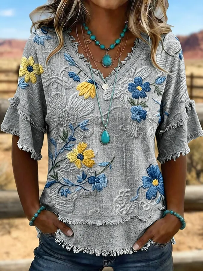 Women'S Vintage Art Patchwork Cotton And Linen Shirt
