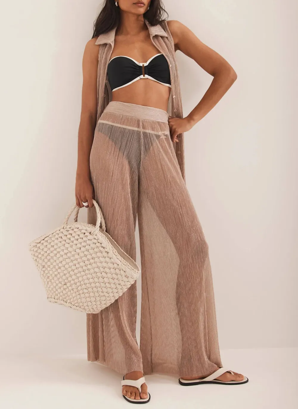 Casual StylePink Metallic Top And Trouser Beach Set