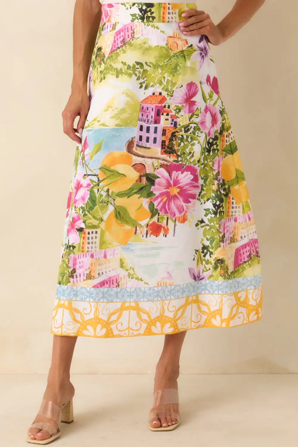 Multi Linen Blend Scenic Coastal Print Midi Skirt