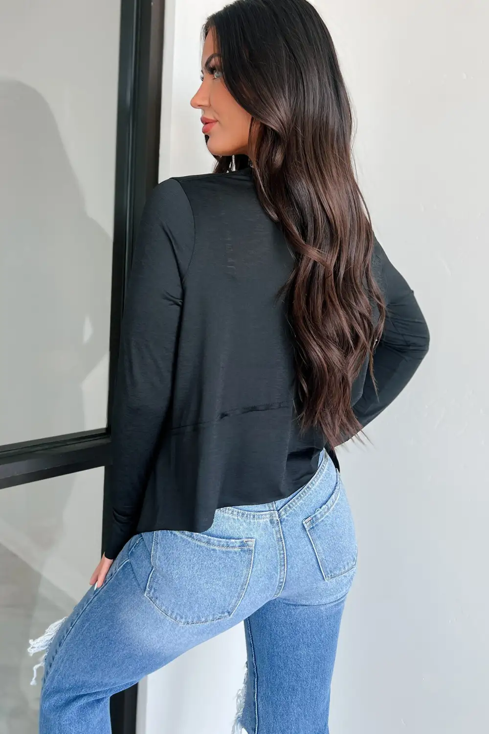 Adair Side Slit Long Sleeve Zenana Top (Black)