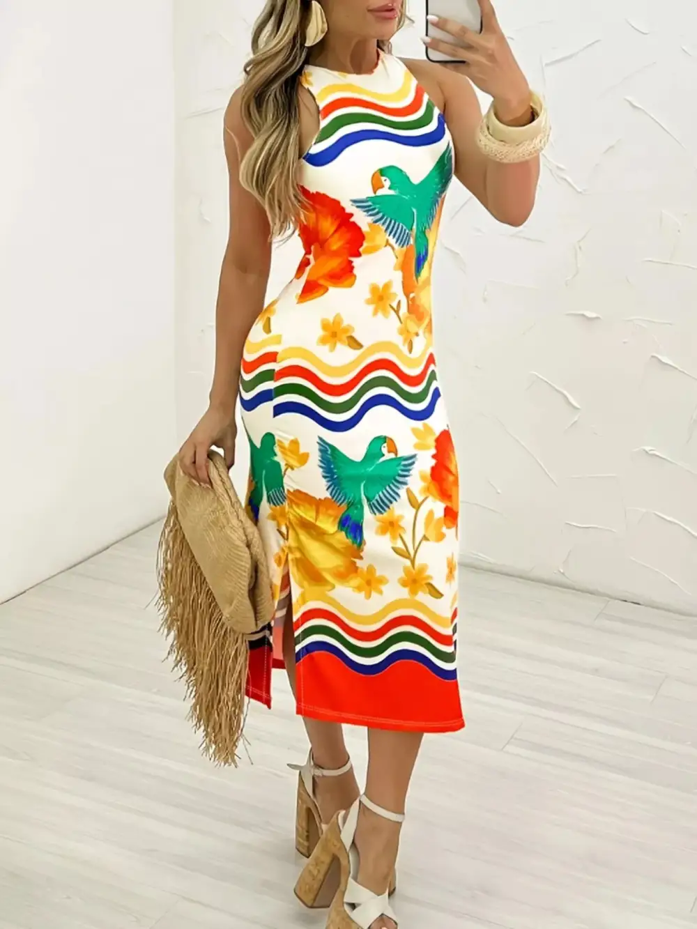 Plus Size Tropical Parrot Sleeveless Midi Dress