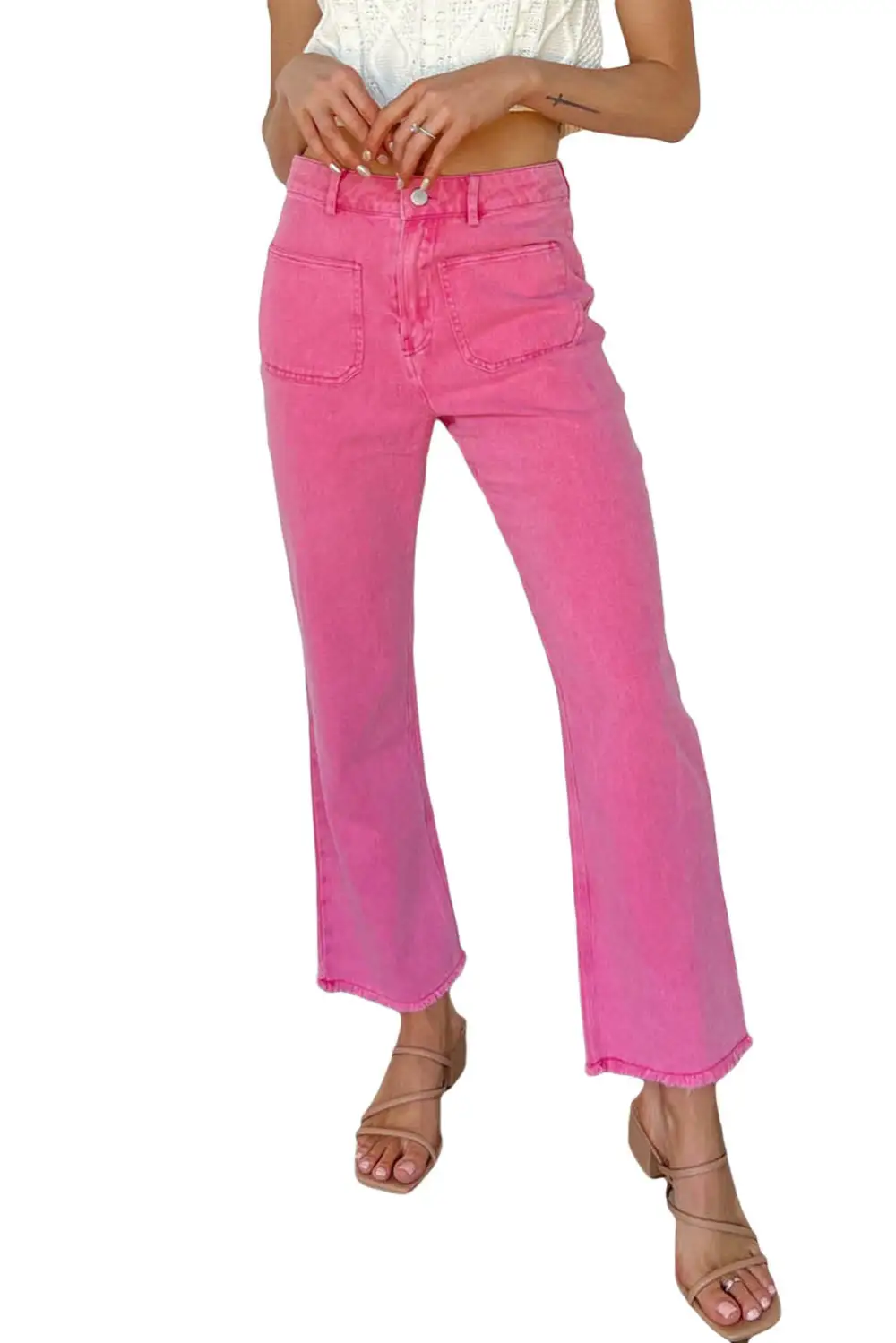 Ankle-Length Flare Leg Raw Hem Jeans