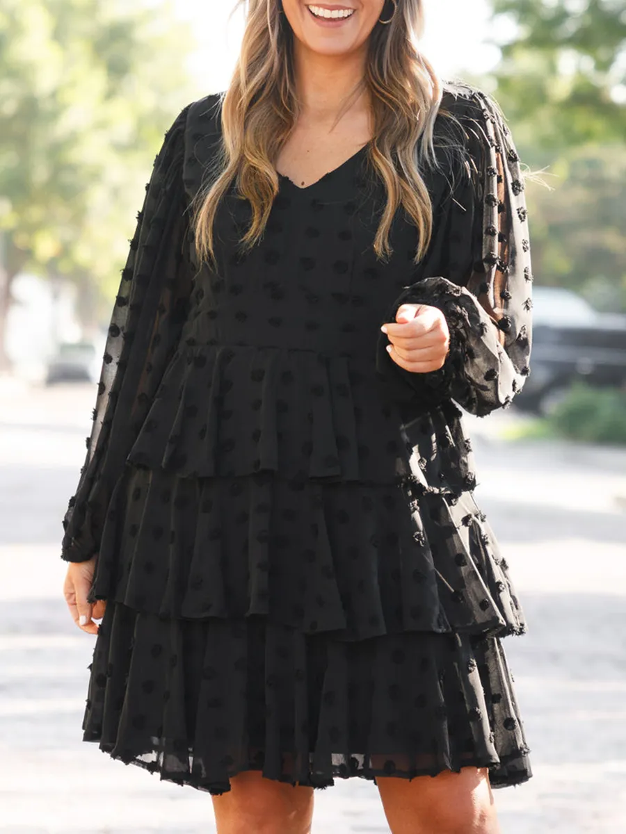 V-Neck Layered Ruffled Loose Fitting Dress
