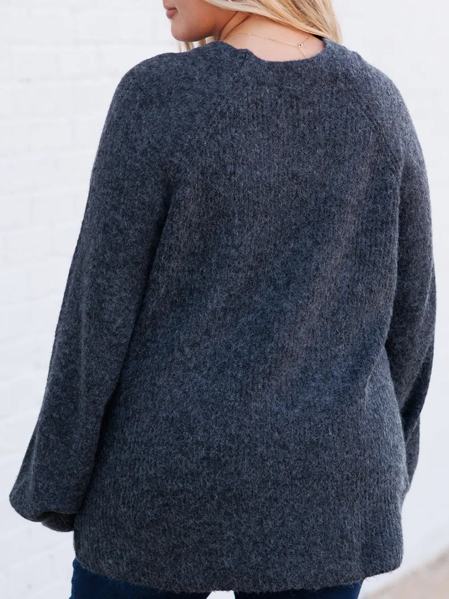 Dark Gray Lantern Sleeved Loose Knit Sweater